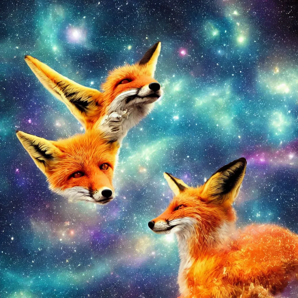 Image similar to a fox swimming in a lake in space staring up at a galaxy, realistic, colorful