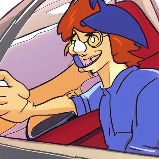 Prompt: scooby doo professionally driving inside a nissan pulsar through windy roads in the hills, drawn anime style