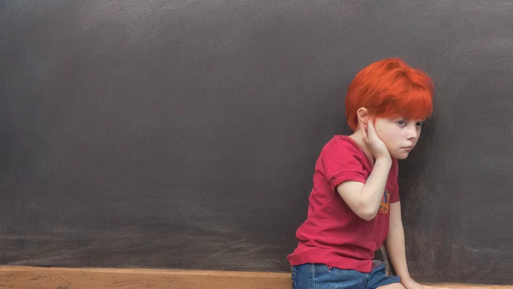 Prompt: colour photograph of a child questioned at the blackboard, red hair, shy, inspired by Gregory Crewdson