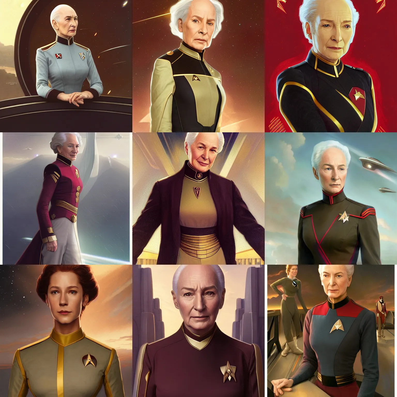 Prompt: female picard on bridge of enterprise, starfleet uniform, pam beasely, intricate, elegant, highly detailed, digital painting, artstation, concept art, smooth, sharp focus, illustration, art by artgerm and greg rutkowski and alphonse mucha and william - adolphe bouguereau