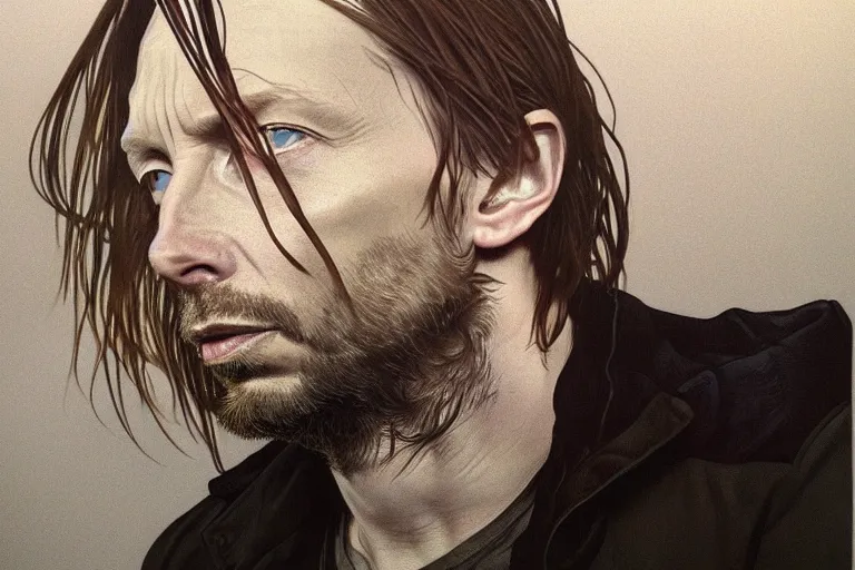 Prompt: hyper realistic portrait of thom yorke singer songwriter, side, liminal space, inside empty parking lot, by lee bermejo, alphonse mucha and greg rutkowski