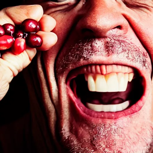 Image similar to closeup portrait of happy bryan cranston mouth filled with cranberies, submerged in cranberries, food photography, natural light, sharp, detailed face, magazine, press, photo, steve mccurry, david lazar, canon, nikon, focus