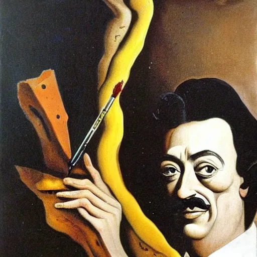 Image similar to salvador dali painting a selfportrait, in the style of salvador dali