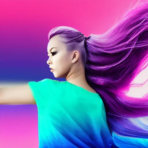 Image similar to a award winning half body shot of a beautiful woman in a croptop with a ombre purple pink teal hairstyle with head in motion and hair flying, outrun, vaporware, vivid colors, highly detailed, fine detail, intricate