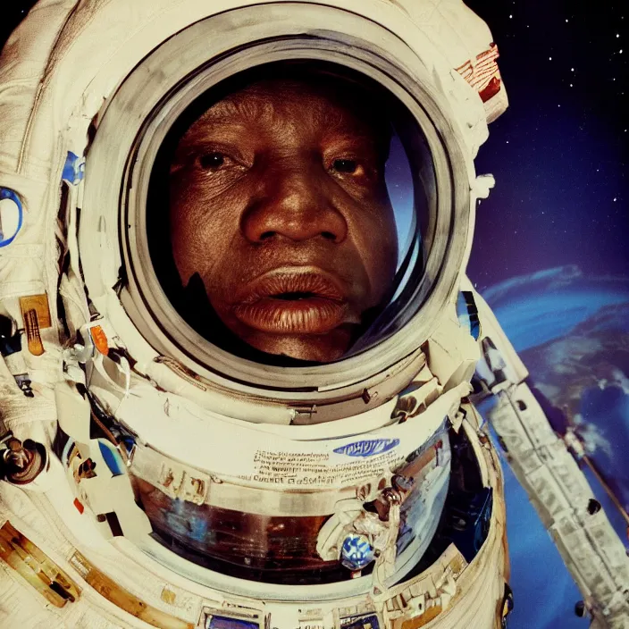 Prompt: analogue photo of an African tribal chief looking - at planet earth - out the porthole window of a space shuttle's orbiter, close-up, colour, photo shot by martha cooper, 35mm,