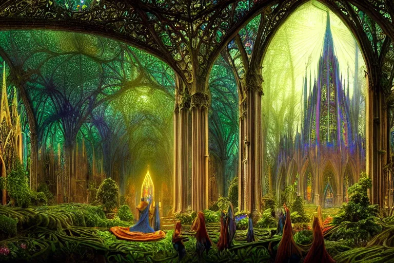 Image similar to a beautiful and highly detailed digital painting of an elven cathedral in a beautiful garden in a mystical forest, psychedelic colors, intricate details, epic scale, insanely complex, hyperdetailed, artstation, cgsociety, 8 k, sharp focus, hyperrealism, by caspar friedrich, albert bierstadt, james gurney, brian froud,