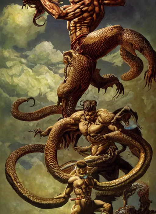 Image similar to a highly detailed symmetrical painting of conan fighting a mythical snake creature, dynamic lighting, ambient lighting, deviantart, art by frank frazetta and glenn fabry