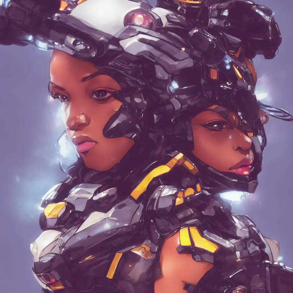 Image similar to portrait cartoon manga anime render of a strikingly gorgeous nigerian 👩🏿, wearing an intricate gundam pilot helmet, rossdraws, artgerm, norman rockwell, emiliano ponzi, epic composition, hd, octane, unreal engine, volumetric lighting, light rays, masterpiece, award - winning