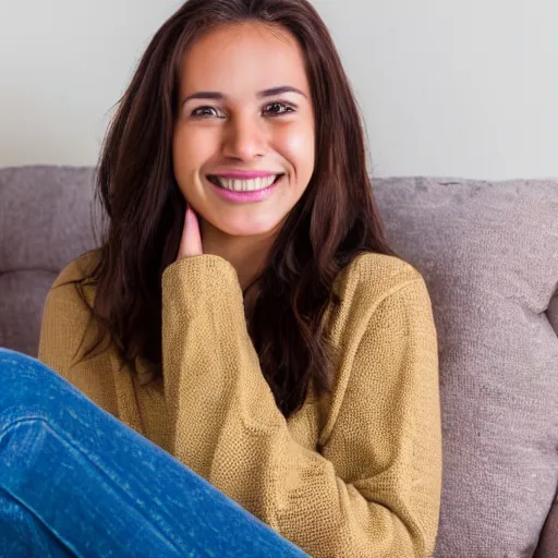 Image similar to a cute young woman smiling, long shiny bronze brown hair, full round face, green eyes, medium skin tone, light cute freckles, smiling softly, wearing casual clothing, relaxing on a modern couch, interior lighting, cozy living room background, medium shot, mid-shot, soft focus