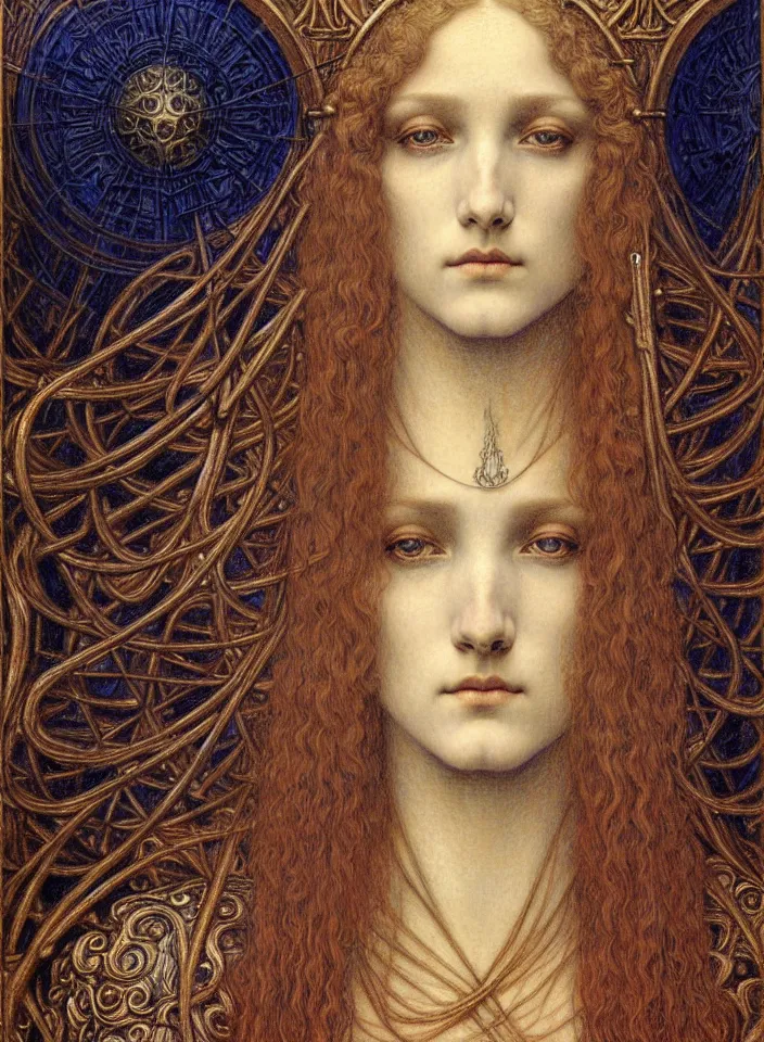 Image similar to detailed realistic beautiful young medieval queen face portrait by jean delville, gustave dore and marco mazzoni, art nouveau, symbolist, visionary, gothic, pre - raphaelite. horizontal symmetry