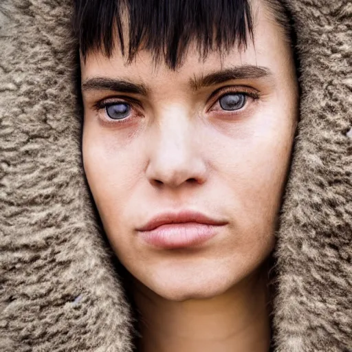 Image similar to minimalist photography portrait of a neanderthal woman, symmetrical, super close up, mid thirties, cute round slanted eyes, caucasian, wide nostrils, high cheekbones, high flat eyebrows, angelic, ethereal essence, leica 1 0 0 mm f 0. 8