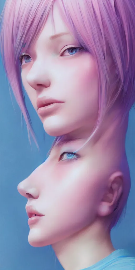Prompt: a singular beautiful girl with pink and blue dyed hair, realistic female portrait, highly detailed, by ilya kuvshinov, makoto shinkai, photorealistic