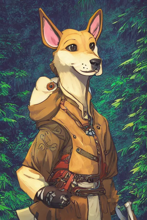 Prompt: stylized close up character portrait icon of the anthro anthropomorphic jindo dog trader head animal person fursona wearing clothes standing in the bright forest, hidari, color page, tankoban, 4 k, tone mapping, akihiko yoshida