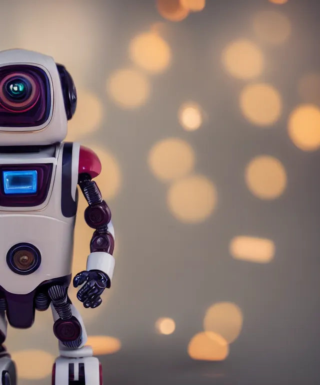 Prompt: high quality presentation photo of a retro toy robot with glowing eyes, photography 4k f1.8 anamorphic bokeh 4k Canon Nikon