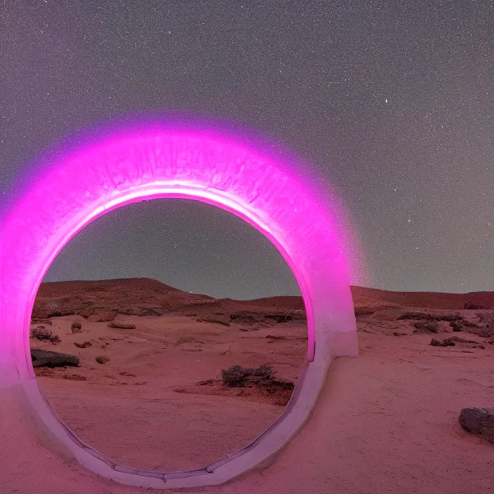 Image similar to a luminous pink and purple colored circular stargate in the dessert through which an ocean is visible