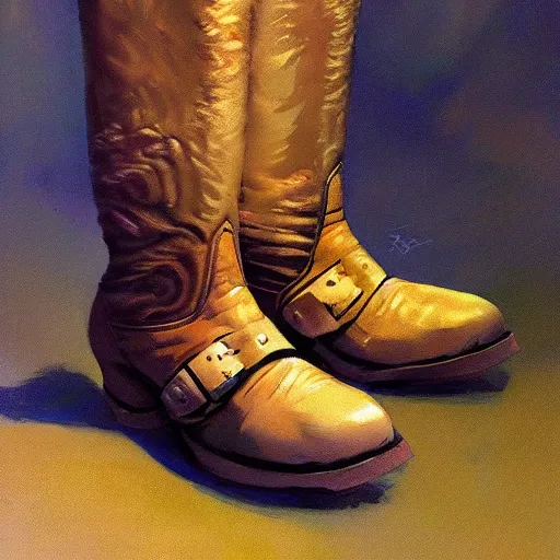 Image similar to spacial cowboy boots, by Craig mullins, Steve Purcell, Ralph McQuarrie. Design. Fashion. Trending on artstation. Centered image, no background