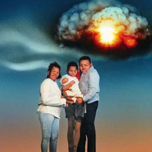 Image similar to A family hugging each other, apocalyptic nuclear explosion in the background