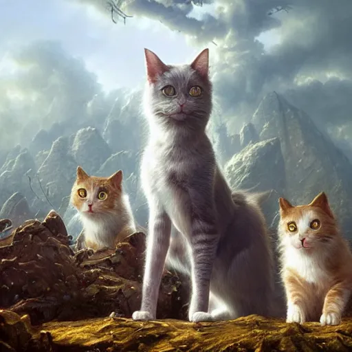 Prompt: Beautiful hyperrealistic detailed award winning photography of a gang of magical cats and dogs by greg rutkowski, andreas rocha and john howe, and Martin Johnson Heade,featured on artstation, ultrawide angle,f16 , golden ratio, f32, well composed, cohesive