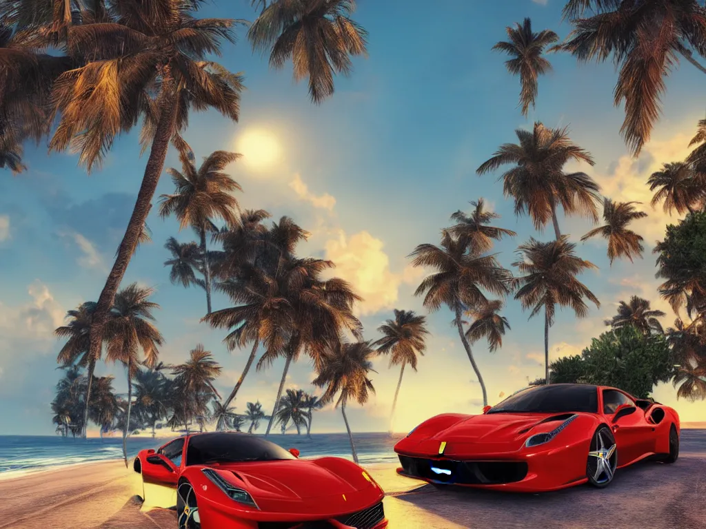 Image similar to ferrari riding along the coast, midnight, cliffs, palms, synthwave, digital art, 8 k wallpaper, artstation