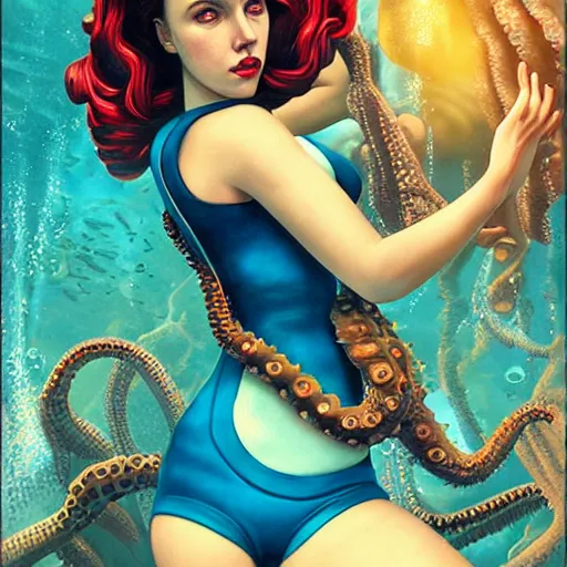 Prompt: lofi underwater bioshock portrait of scarlett johansson in swimsuit with giant octopus, Pixar style, by Tristan Eaton Stanley Artgerm and Tom Bagshaw.