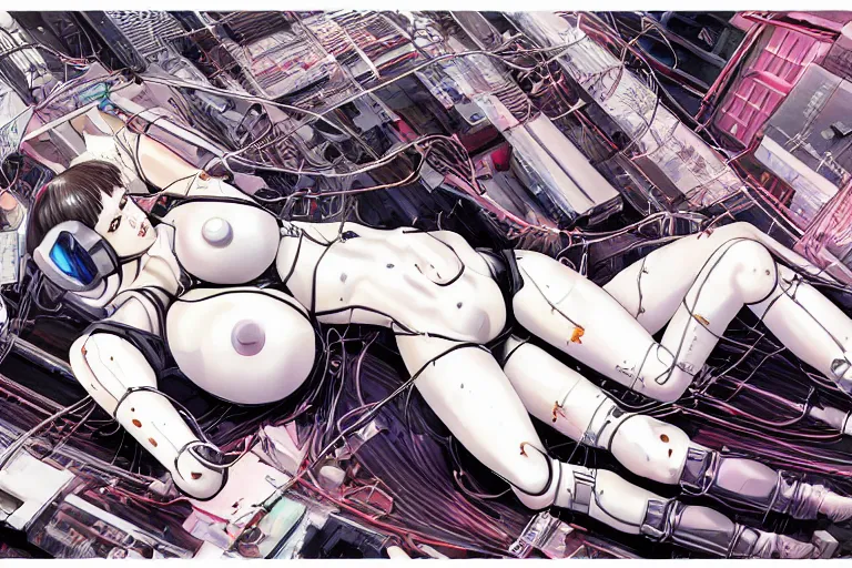 Image similar to a finely composed cyberpunk illustration of a group of white female androids' in style of hajime sorayama, lying on an abstract, empty, white floor with their body parts scattered around and cables and wires coming out, by katsuhiro otomo and masamune shirow, hyper-detailed, colorful, view from above, wide angle, close up, spacious