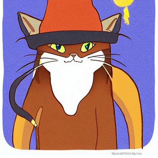 Prompt: very cute illustration of a cat wearing a witch hat, studio ghibli art style, warm fall colors