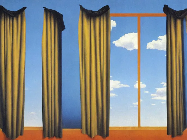 Image similar to curtains with clouds painted on them, painting by rene magritte, centered, high detail, high resolution