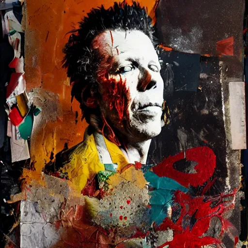 Image similar to hyperrealistic, photorealistic, mixed media oil painting of tom waits, magazine scraps, plaster, blood, oil, mustard, splatter, greg rutkowski, basquiat, ralph steadman, wesley kimler, terry gilliam, andy warhol, dali