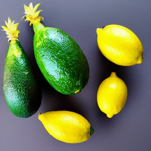 Image similar to lemon as avocado as banana as pineapple as strawberry as watermelon