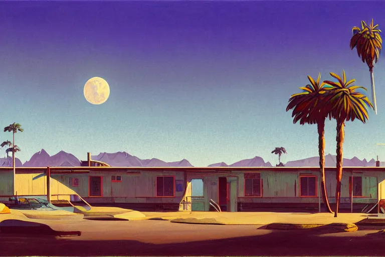 Image similar to natural american landscape | abandoned motel | palm trees | snowy mountains | moon in sky, painting by syd mead and weta studio and moebius and james jean and frank frazetta, highly detailed, rule of third, soft lighting, 8 k resolution, oil on canvas, architectural magazine, beautiful detailed, insanely intricate details, artstation trending, hypermaximalistic, high details, cinematic