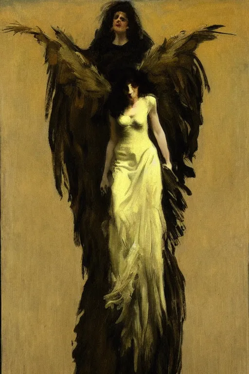 Image similar to portrait of eva green as an angel of death by walter sickert, john singer sargent, and william open