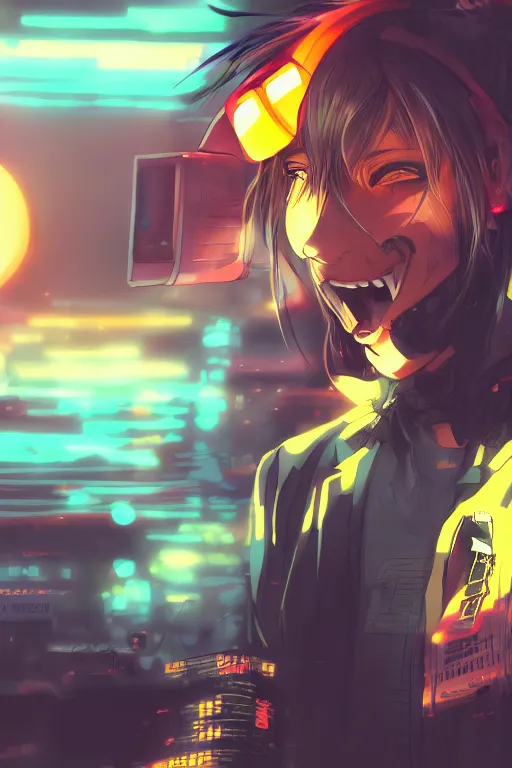 Image similar to beautiful anime man with grin on his face in a cyberpunk environment, sunset, very accurate and detailed, 8k