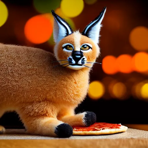 Image similar to a macro photo of cute fluffy caracal toy and a slice of pizza, cheese and pepperoni, hyper realistic, hyper detailed, 35mm, very grainy film, volumetric studio lighting, bokeh, black background award winning shot, vogue magazine, cinematic, 8k, very closeup, elegant, tender, pastel