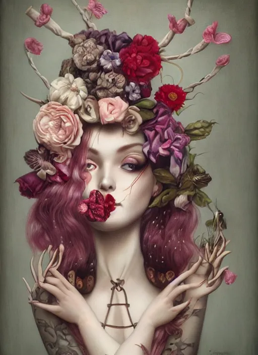 Image similar to pop surrealism, lowbrow art, realistic seductive cute woman painting, body harness, japanese shibari with flowers, hyper realism, muted colours, rococo, natalie shau, loreta lux, tom bagshaw, mark ryden, trevor brown style,