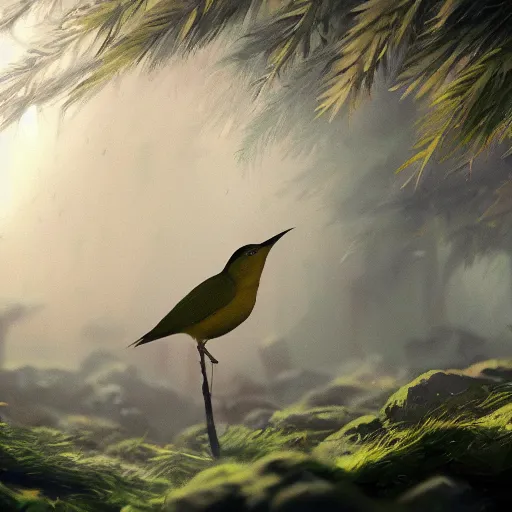 Image similar to green yellow spanish wren bird, reyezuelo listado, regulus ignicapilla, in avila pinewood, 4 k, concept art, by wlop, ilya kuvshinov, artgerm, krenz cushart, greg rutkowski, pixiv. cinematic dramatic atmosphere, sharp focus, volumetric lighting, cinematic lighting, studio quality