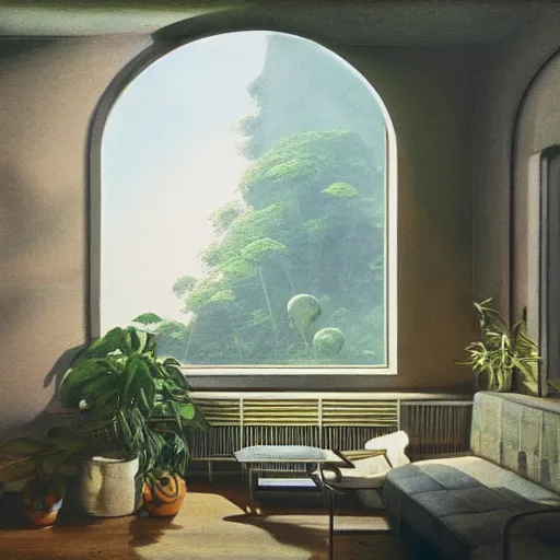 Image similar to 70s interior with arched windows, natural sunlight, summer, hanging plants, cinematic, cyberpunk, lofi, calming, dramatic, fantasy, by Moebius, by zdzisław beksiński, Fantasy LUT, epic composition, sci-fi, dreamlike, surreal, angelic, cinematic, 8k, unreal engine, fantasy concept art,