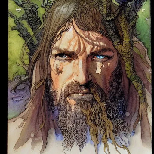 Image similar to a realistic and atmospheric watercolour fantasy character concept art portrait of andy mccoy as a druidic warrior wizard looking at the camera with an intelligent gaze by rebecca guay, michael kaluta, charles vess and jean moebius giraud