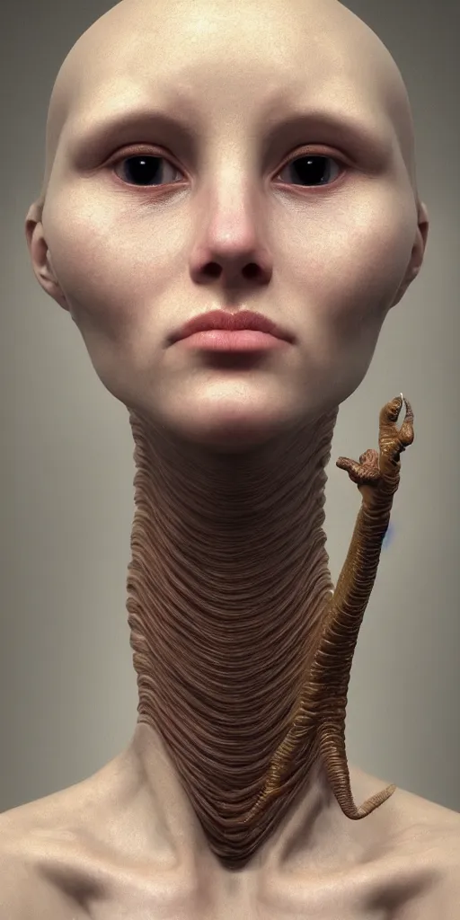 Image similar to A beautiful female alien face with a very long neck, alien is from the future, Realistic, Refined, Detailed Digital Art, Oil Painting, William-Adolphe Bouguereau, Pre-Raphaelite,Renaissance, Highly Detailed, Cinematic Lighting, Unreal Engine, 8K