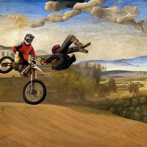 Prompt: motocross rider on dirt jump, renaissance painting