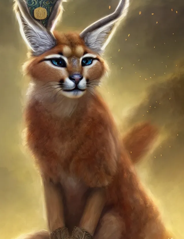 Image similar to cute fluffy caracal in a ancient greek city, wearing laurel wreath as hat chaplet on head | | cute, key visual, realistic shaded perfect face, fine details by stanley artgerm lau, wlop, rossdraws, james jean, andrei riabovitchev, marc simonetti, and sakimichan, trending on artstation