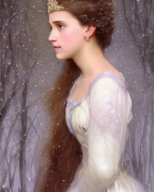 Image similar to a portrait painting of a shy, blushing 1 6 - year old alicia vikander or millie bobby brown as a princess of the ice and snow, in a snowy setting at night, intricate, elegant, highly detailed, artstation, concept art, by krenz cushart and donato giancola and william adolph bouguereau and alphonse mucha