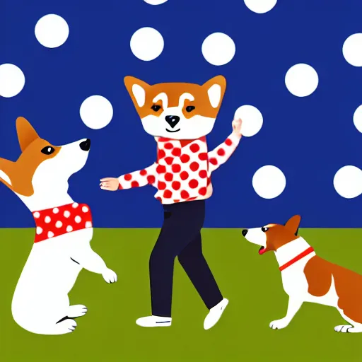 Image similar to illustration of french boy in paris playing football against a corgi, the corgi is wearing a polka dot scarf