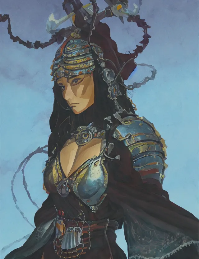 Image similar to priestess of the steel hills. gouache painting by the award - winning mangaka, bloom, chiaroscuro, backlighting, depth of field.