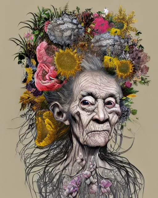 Image similar to a portrait of a fleshy old woman covered in flowers in the style of guiseppe arcimboldo and james jean, covered in wispy gray hair with a hint of neon, hd 3 d, highly detailed and intricate.