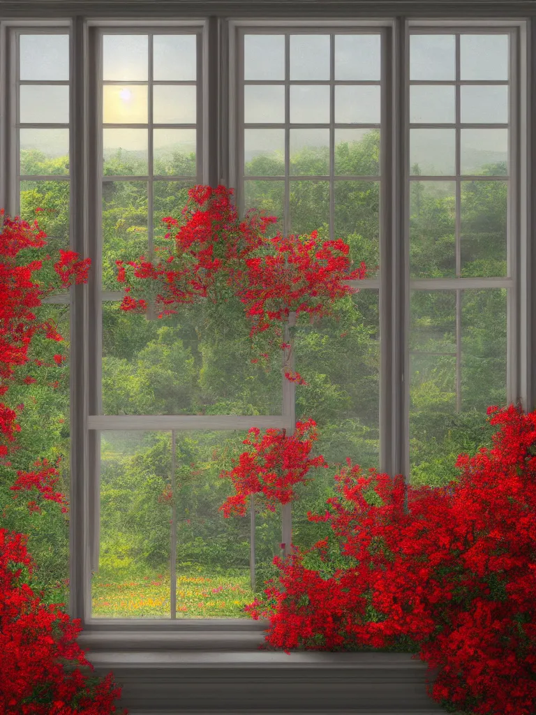 Image similar to a interior photo of a vintage house single window with view to the sunrise near some red flowers, hyperrealistic, digital painting, masterpiece, high quality, highly detailed, high coherence, path traced, serene landscape, beautiful, elegant, bloom, godrays, complementary colors, natural lighting, symmetrical, low contrast, geometrically correct