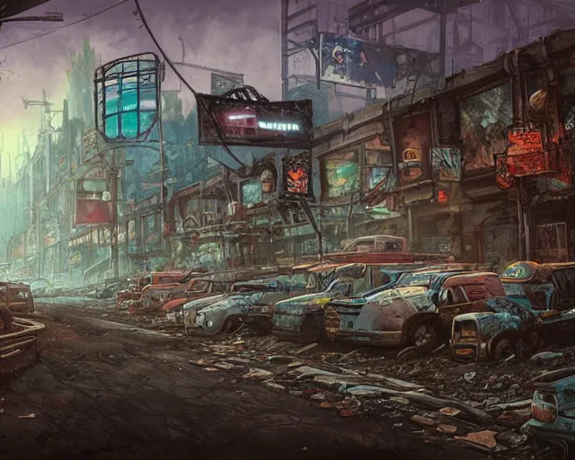 Prompt: postapocalyptic arcade, andre shulze, brian despain, chris mars, artstation