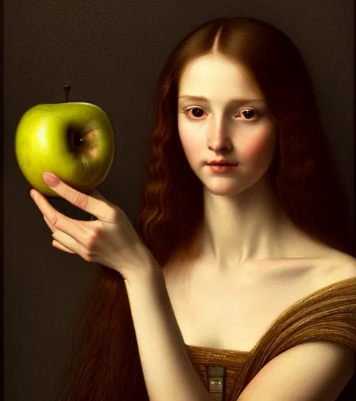 Image similar to portrait of a long - haired woman with a small apple sitting upon a table with heightened detail, poised, intense emotion, detailed facial expression, detailed surroundings, intricate, elegant, highly detailed, centered, digital painting, artstation, concept art, smooth, sharp focus, illustration, by ( leonardo da vinci ), wlop