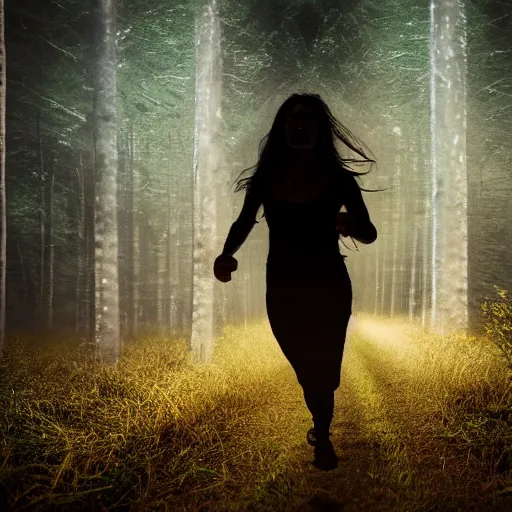 Prompt: a scary award winning photo of a woman spirit running in the night in a forest, volumetric light effect