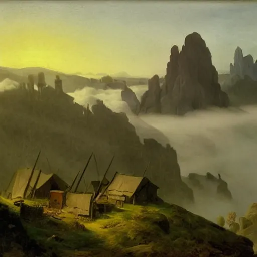 Image similar to village above the clouds, sharp pointy mountains, wooden platforms, tents, colors, misty clouds, sun at dawn, brutalism, painting by caspar david friedrich