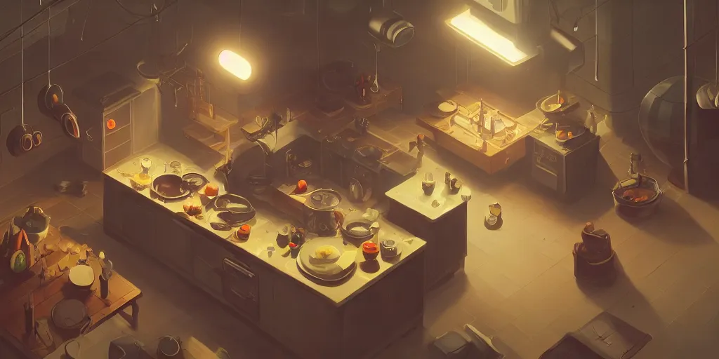 Image similar to minimalistic kitchen dim lit by a candle ripped physique simon stalenhag gerald brom bastien grivet by greg rutkowski, game background, fisheye lens, high angle view, curved lines